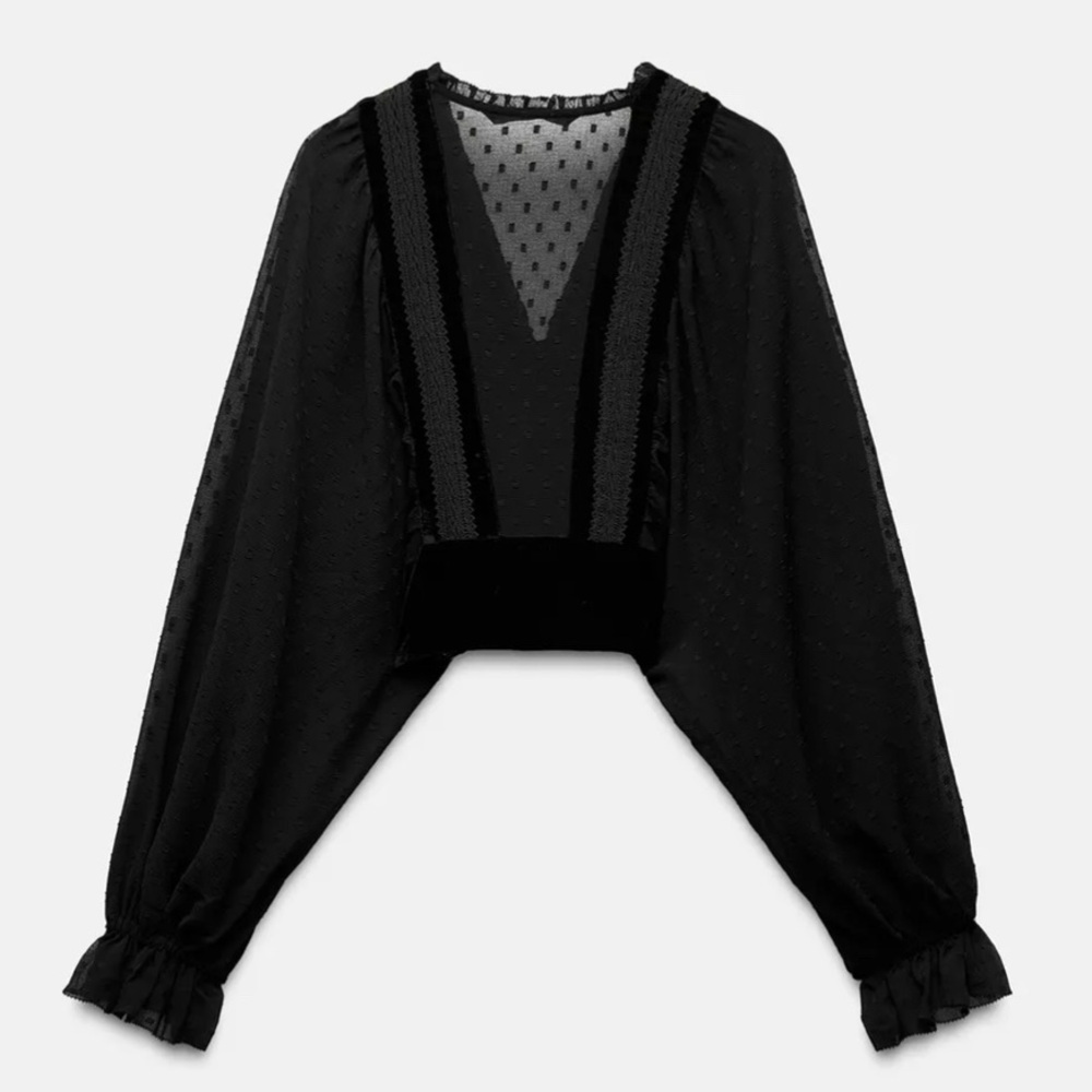 Zara Black Sheer Dot V-Neck Cropped Blouse